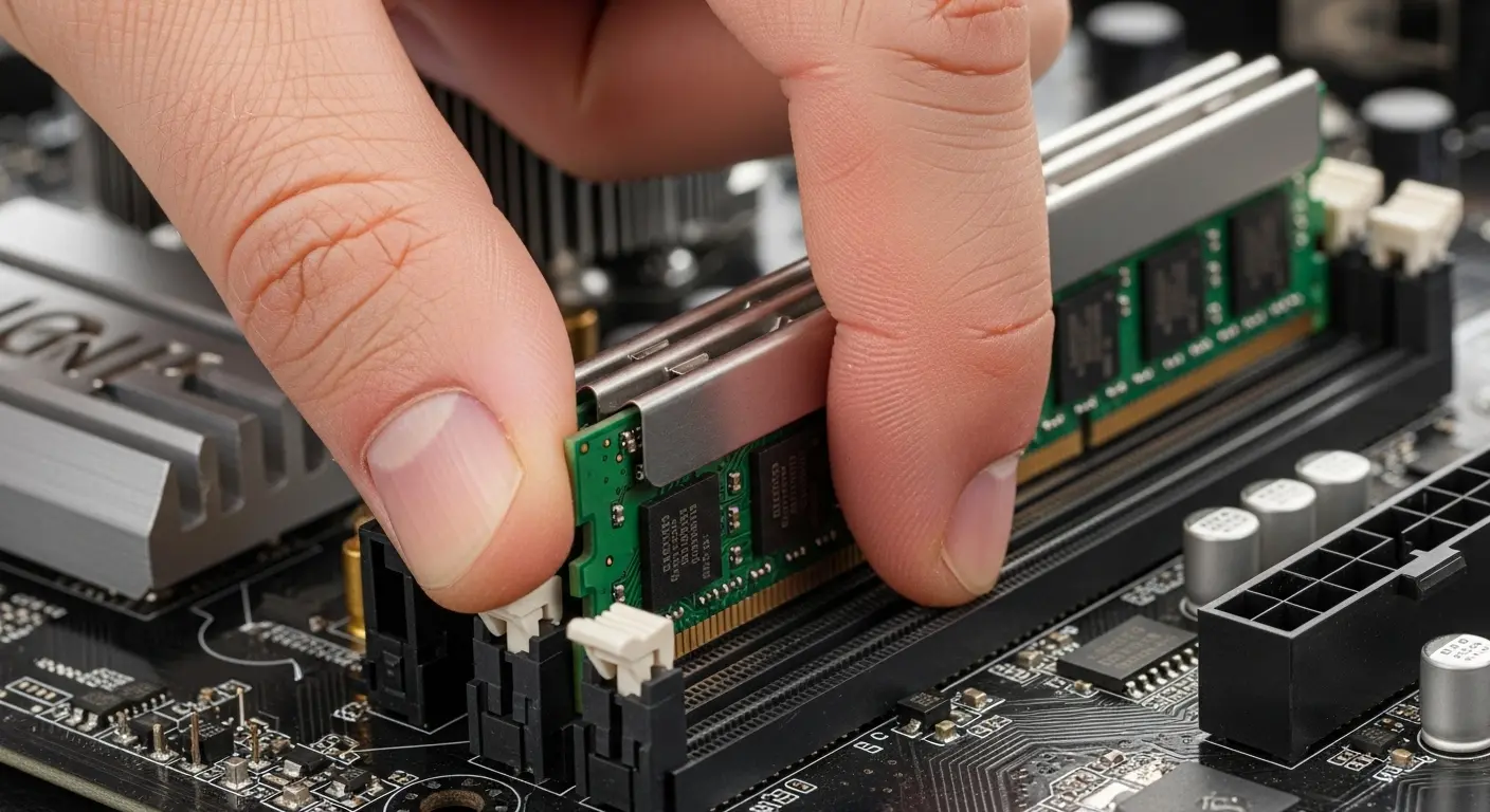 メモリをマザーボードに取り付けている様子