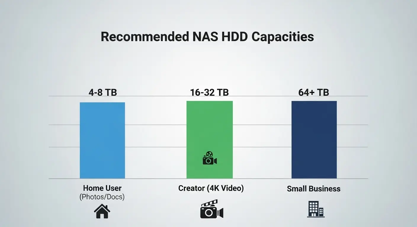 用途別のNAS HDD推奨容量チャート。