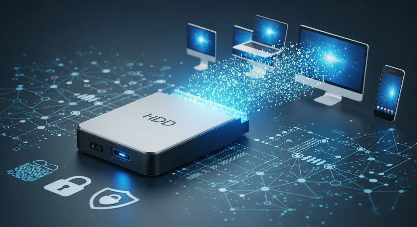 信頼性の高い外付けHDDによるデータバックアップのイメージ。