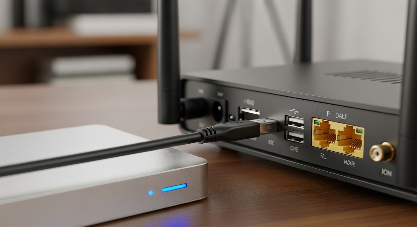USBポート付きルーターに外付けHDDを接続する様子。