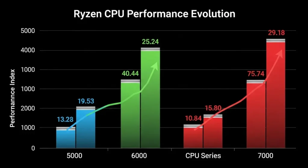 Ryzenの世代ごとの性能向上を比較したグラフ。