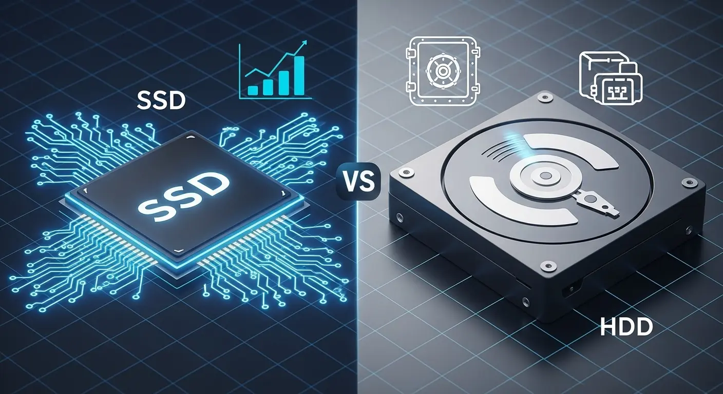 SSDとHDDの仕組みと違いを比較したイラスト。