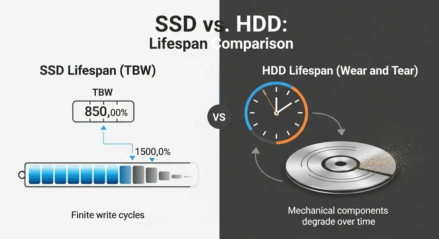 SSDとHDDの寿命の概念の違いを示す図。
