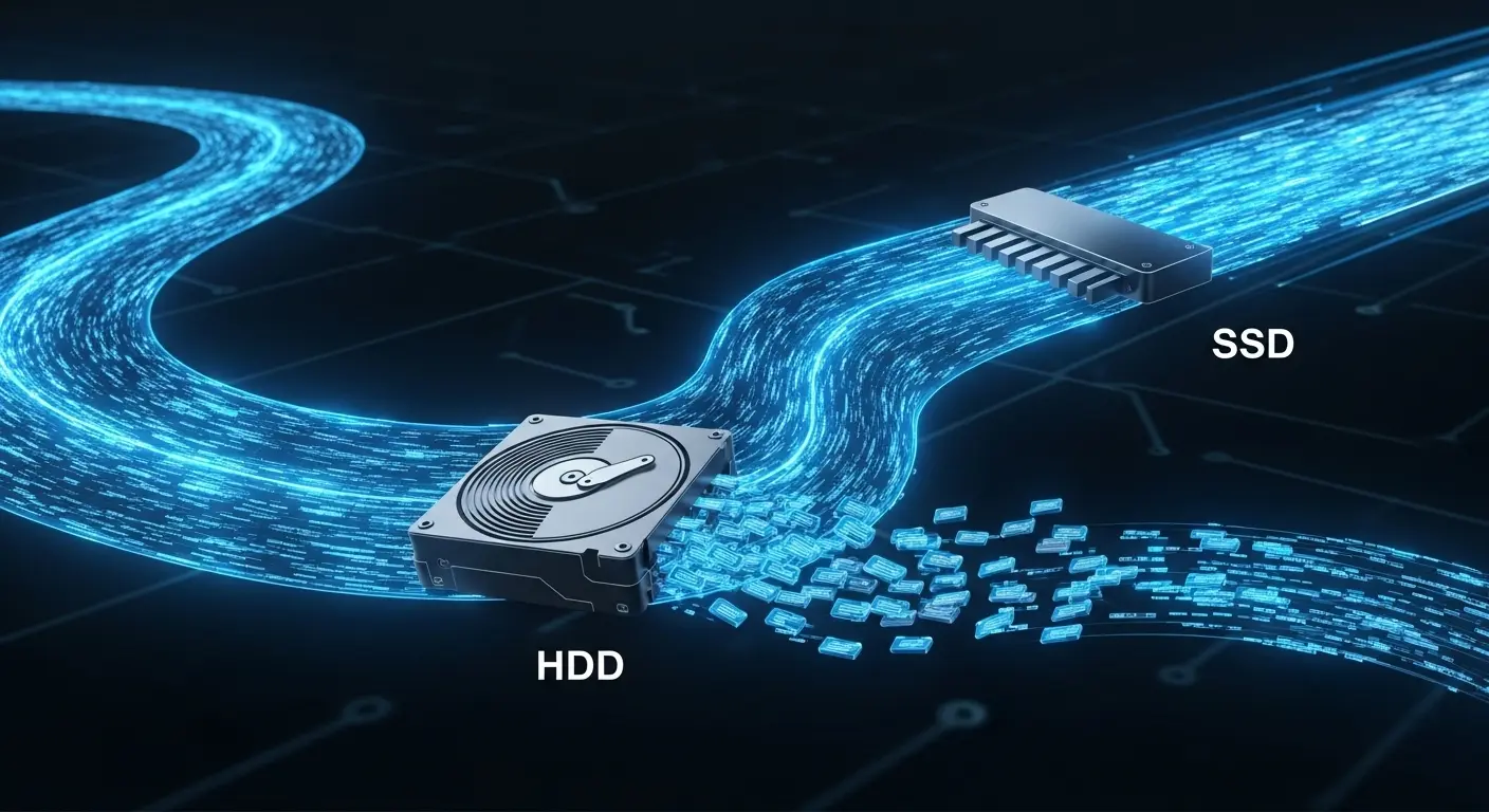 HDDがデータ転送のボトルネックになるイメージ。