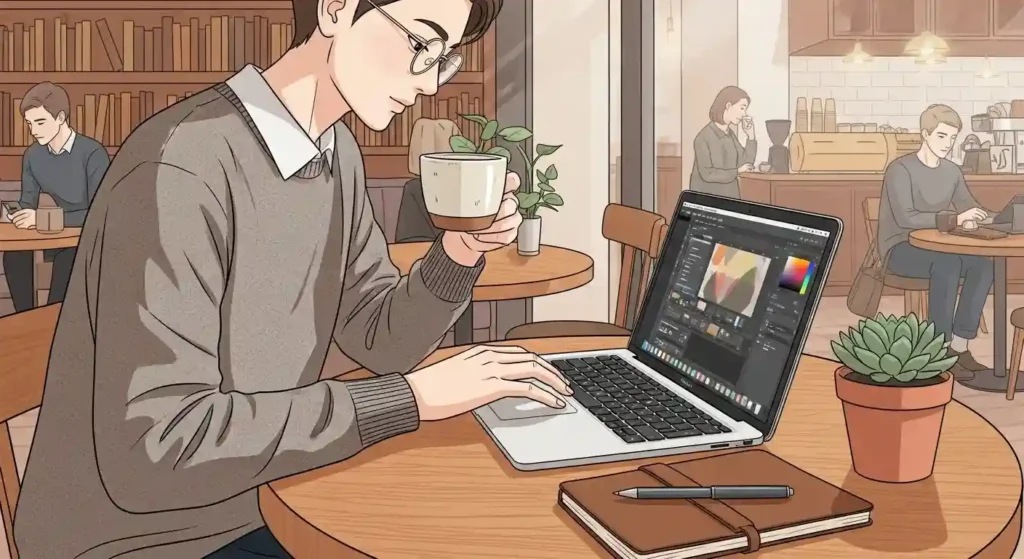 カフェでMacBook Airを使うスタイリッシュな人