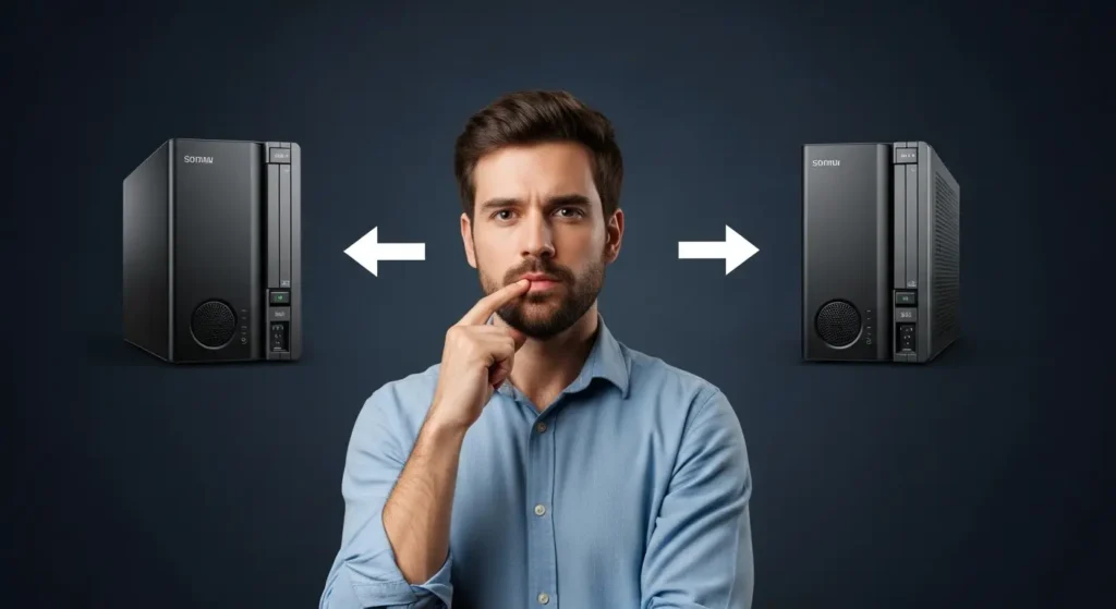 SynologyとQNAPで迷う男性