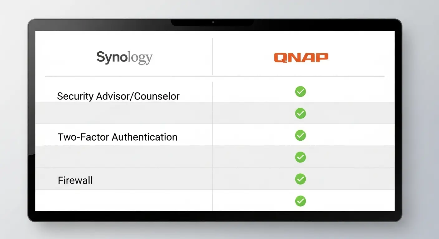 SynologyとQNAPのセキュリティ機能比較表。