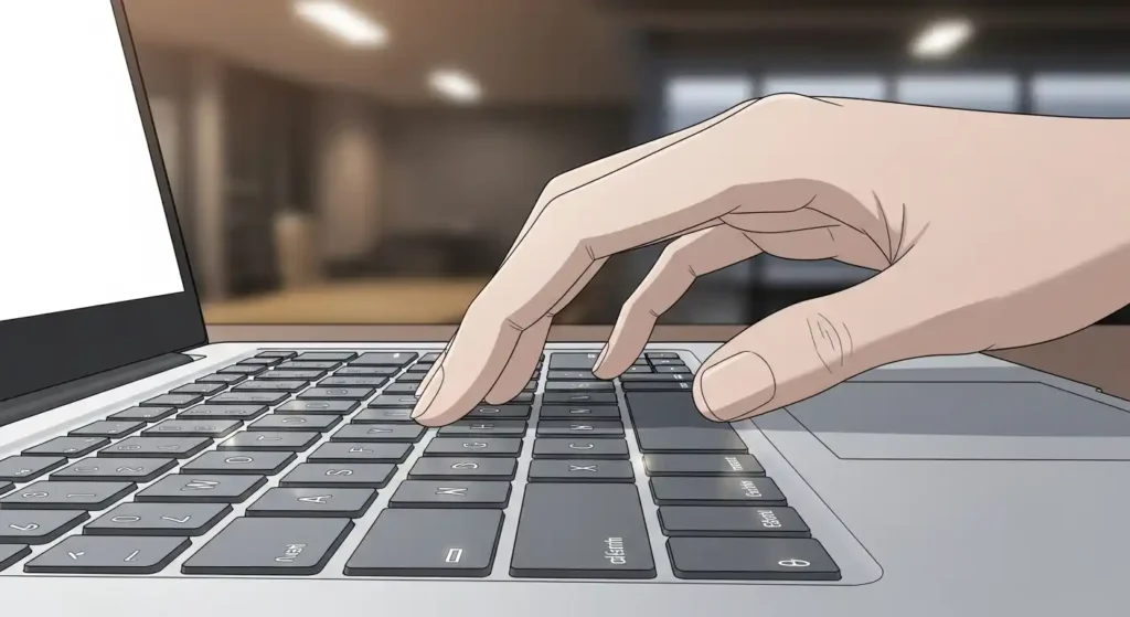 ノートパソコンのキーボードでタイピングする人