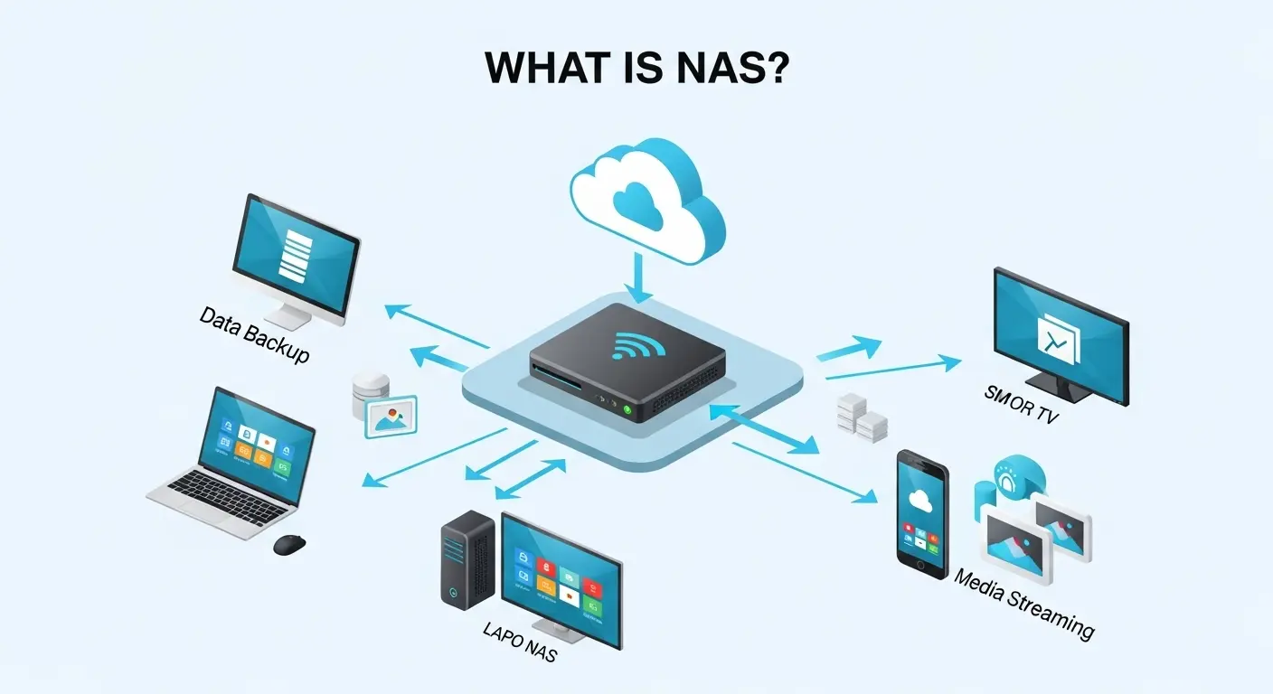 NAS（ネットワークストレージ）の仕組みと役割を説明する図。