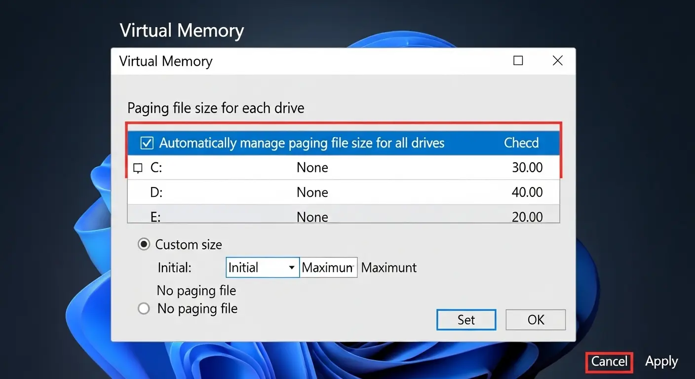 Windowsの仮想メモリ設定画面
