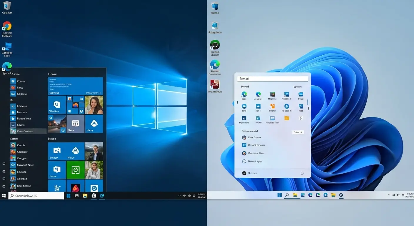 Windows 10とWindows 11のタスクバーとスタートメニューの違い。