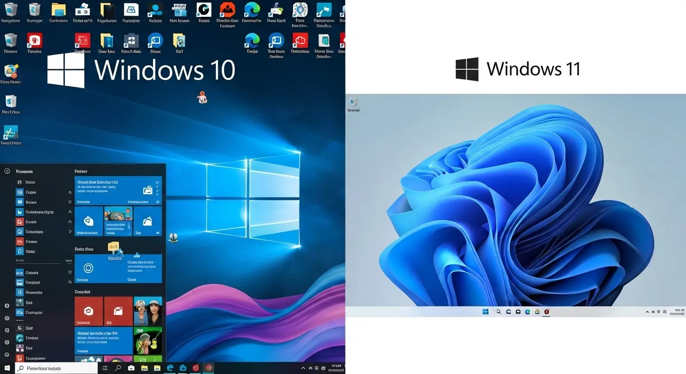 Windows 10とWindows 11のユーザーインターフェースの違いを比較した画像。