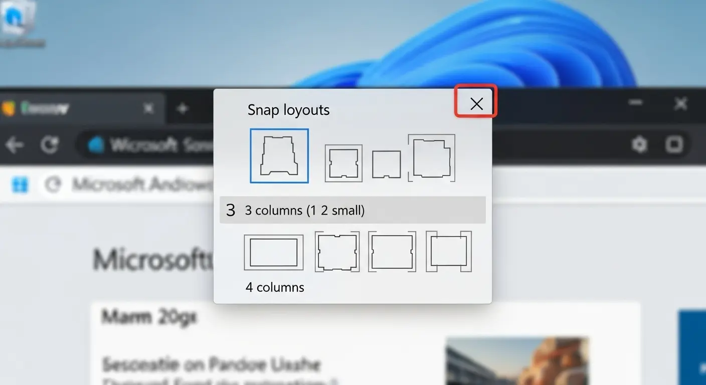 Windows 11のスナップレイアウトのメニュー。