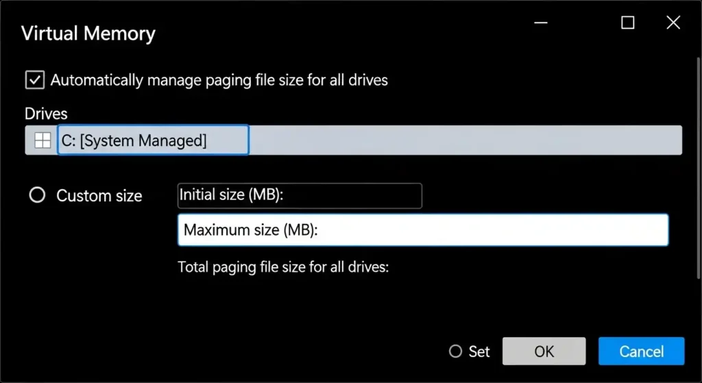 Windows11 仮想メモリの設定画面
