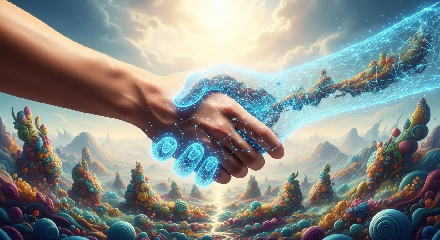 AI と 人間 (手) が 協力して新たな 作品を生み出す 様子。未来像。