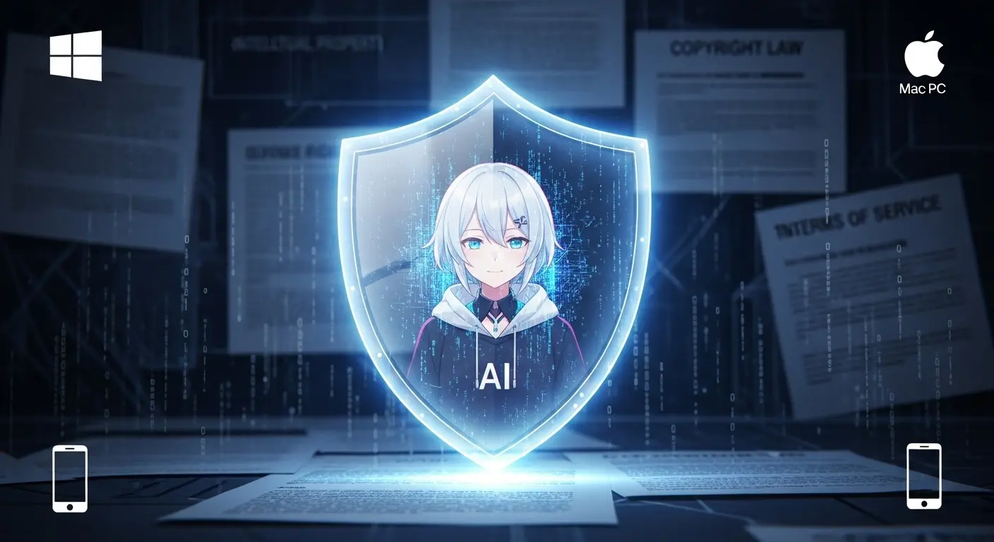 AIイラストの著作権保護を象徴するデジタルシールドのイラスト。商用利用の安全性を表現。