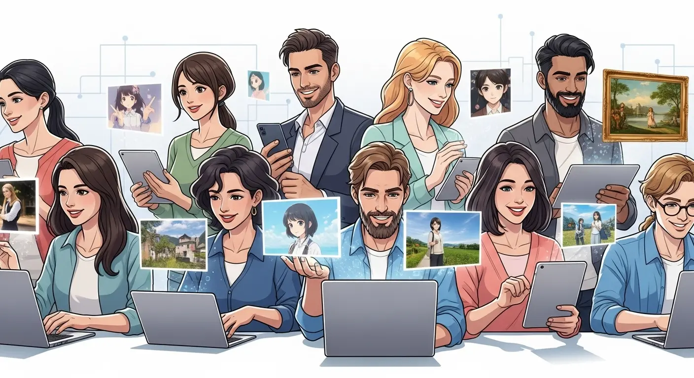 無料AI画像生成サイトをスマホやPCで楽しむ人々