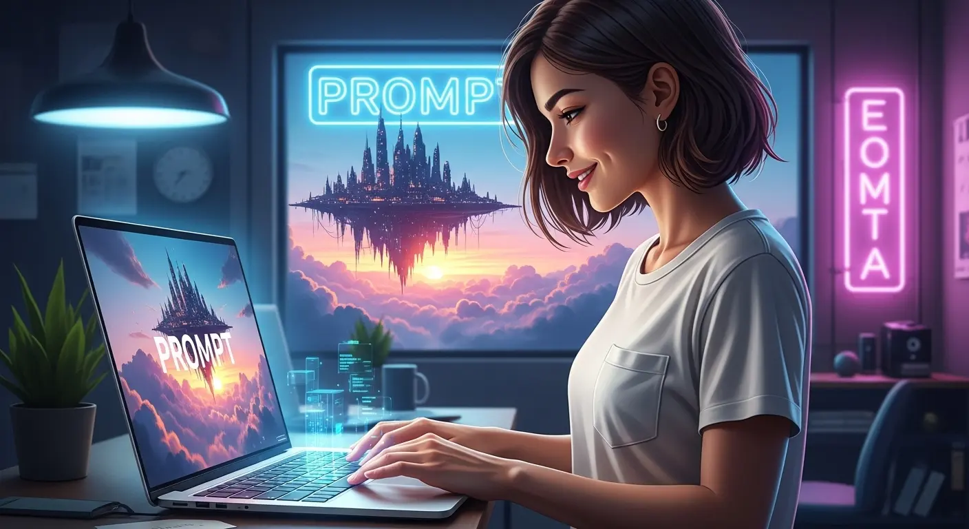 AI画像生成のプロンプトを入力する女性。高品質なイラストとPC、スマホの画面。