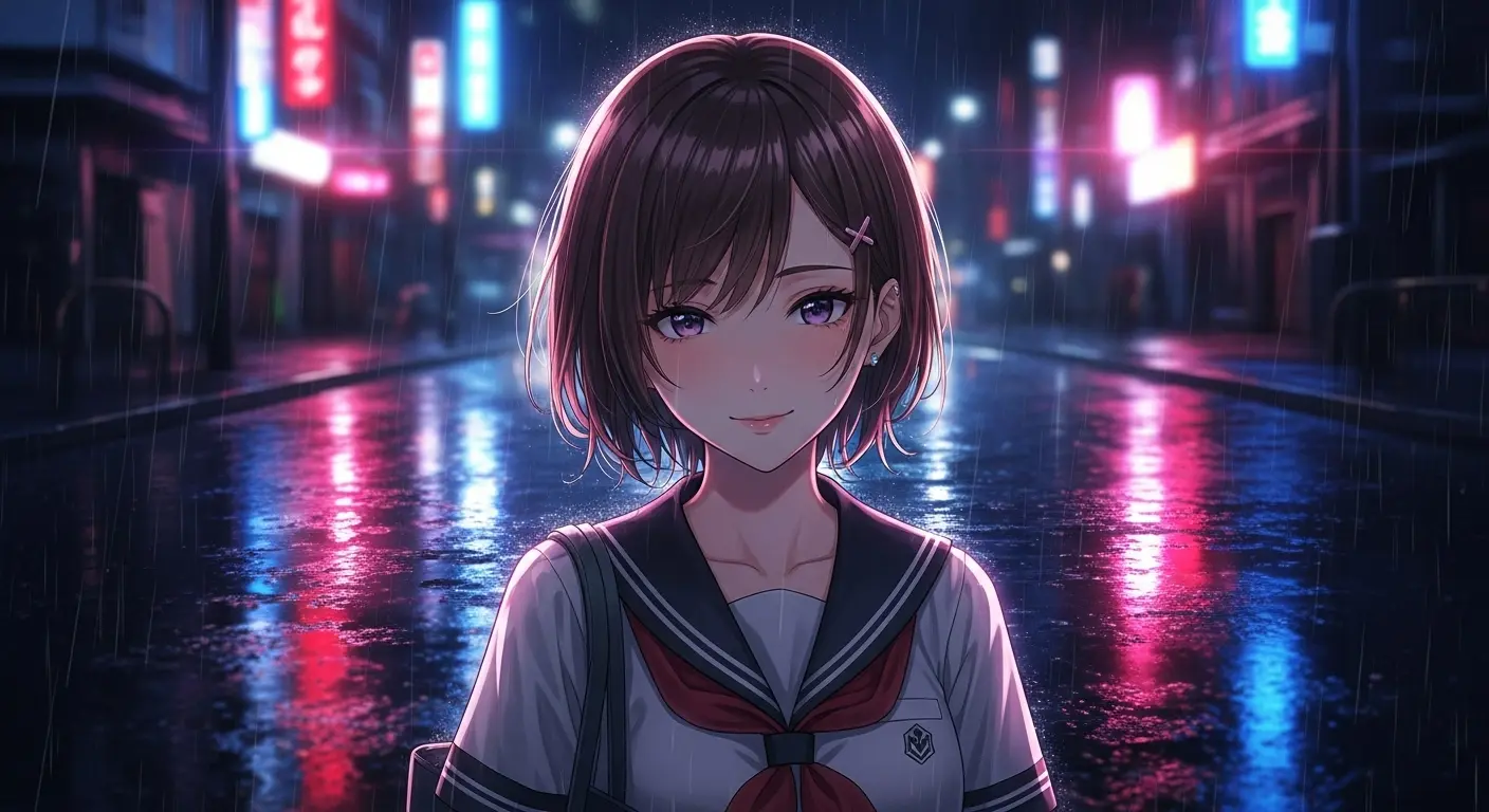 アニメ風の美少女イラストのプロンプト成功例。ネオンサインが光る夜の雨の街並み。