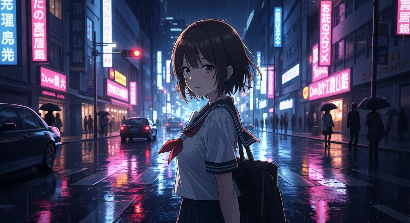 アニメ風の美少女イラストのプロンプト成功例。ネオンサインが光る夜の雨の街並み。