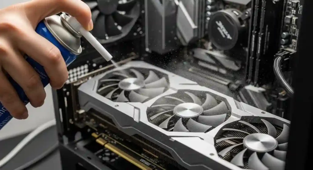 PCパーツをエアダスターで掃除する様子。