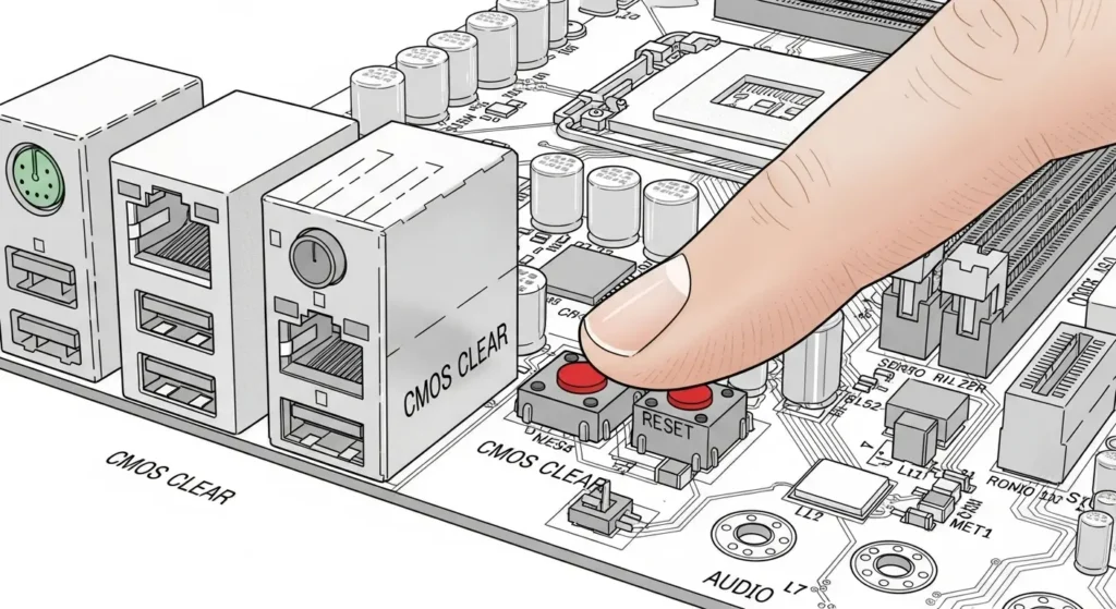 マザーボードのCMOSクリアボタンを押す様子