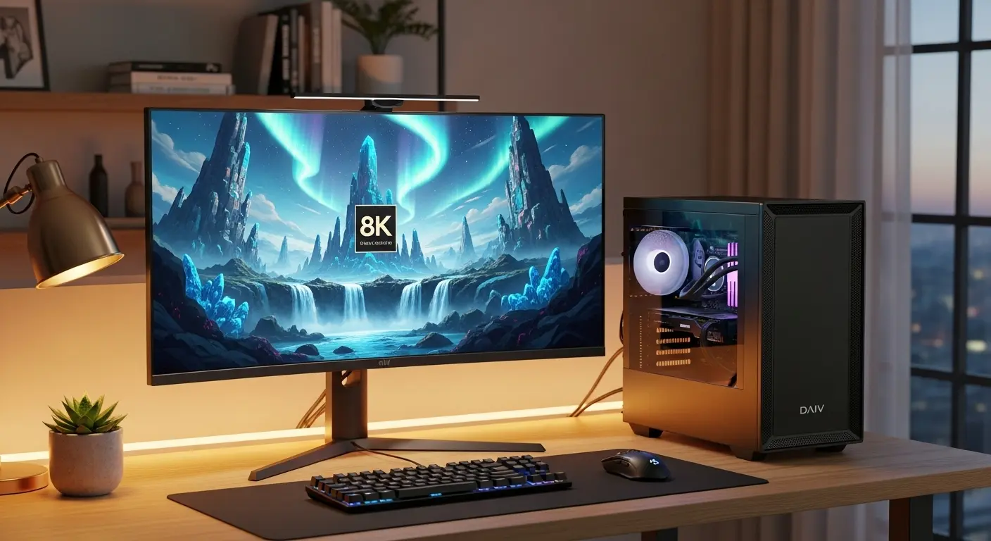 マウスコンピューター DAIV FM-A5G60 デスクトップPC。高解像度のAIアートを表示。