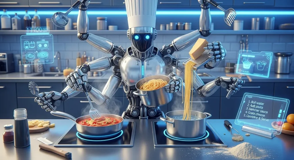 DALL-E 3で生成された、レシピの指示に正確に従って料理をする ロボットのイラスト。