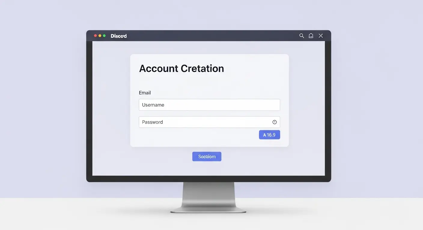 Discordのアカウント登録画面のUIデザイン。メールアドレスやユーザー名入力欄が表示されている。