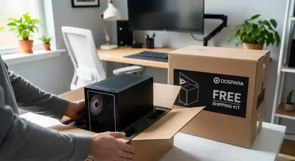 ドスパラの宅配買取用ダンボールにPCを梱包する様子。