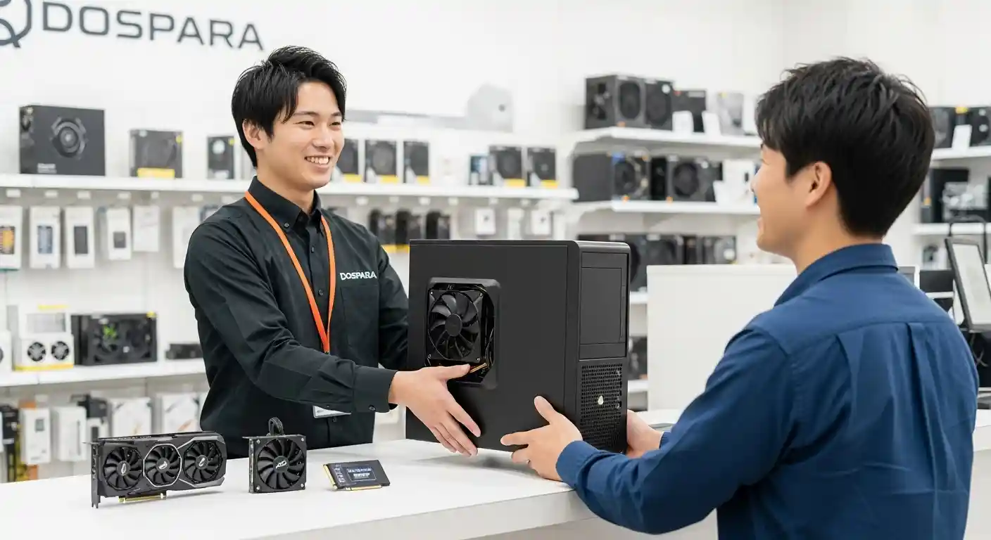 ドスパラの買取カウンターでPCとPCパーツを査定に出す様子