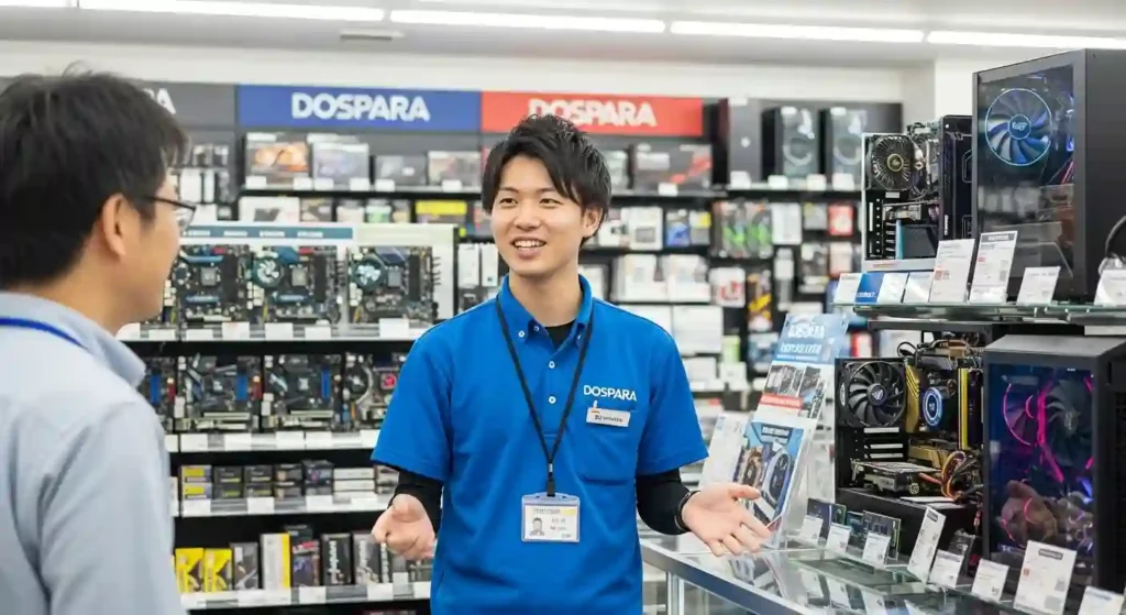 ドスパラのスタッフが笑顔でPCパーツについて解説している様子。