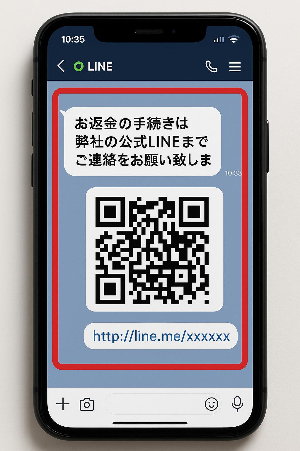 「お返金の手続きは弊社の公式LINEまでご連絡をお願い致します」という詐欺メッセージの画面。