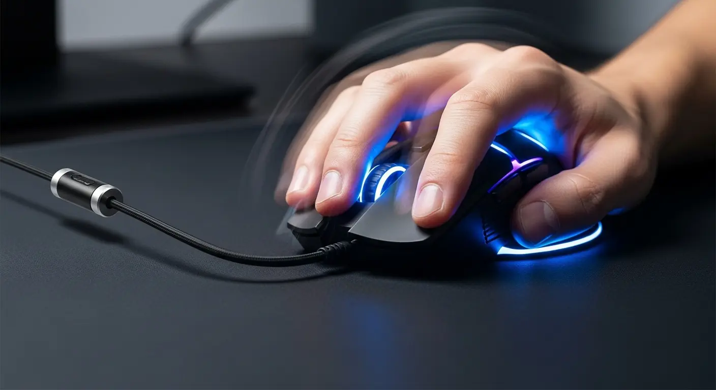 FPSゲームでマウスを激しく動かすゲーマーの手元