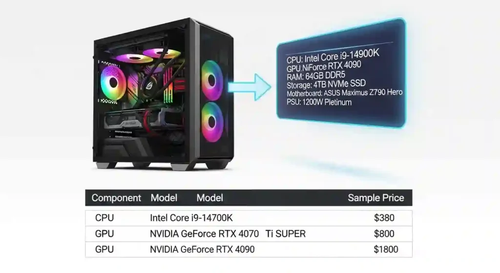 ゲーミングPCの内部スペックと買取価格の例を示す画像。