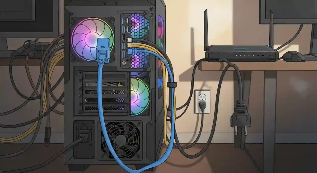 ゲーミングPCの電源とLANケーブルの接続方法