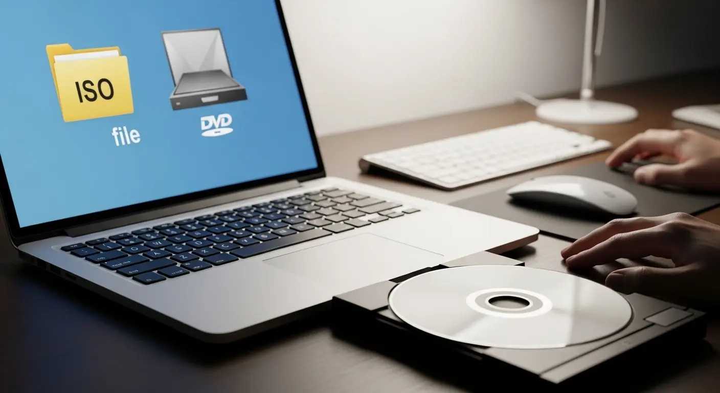 ISOファイルをDVDに書き込む作業画面とDVDディスク
