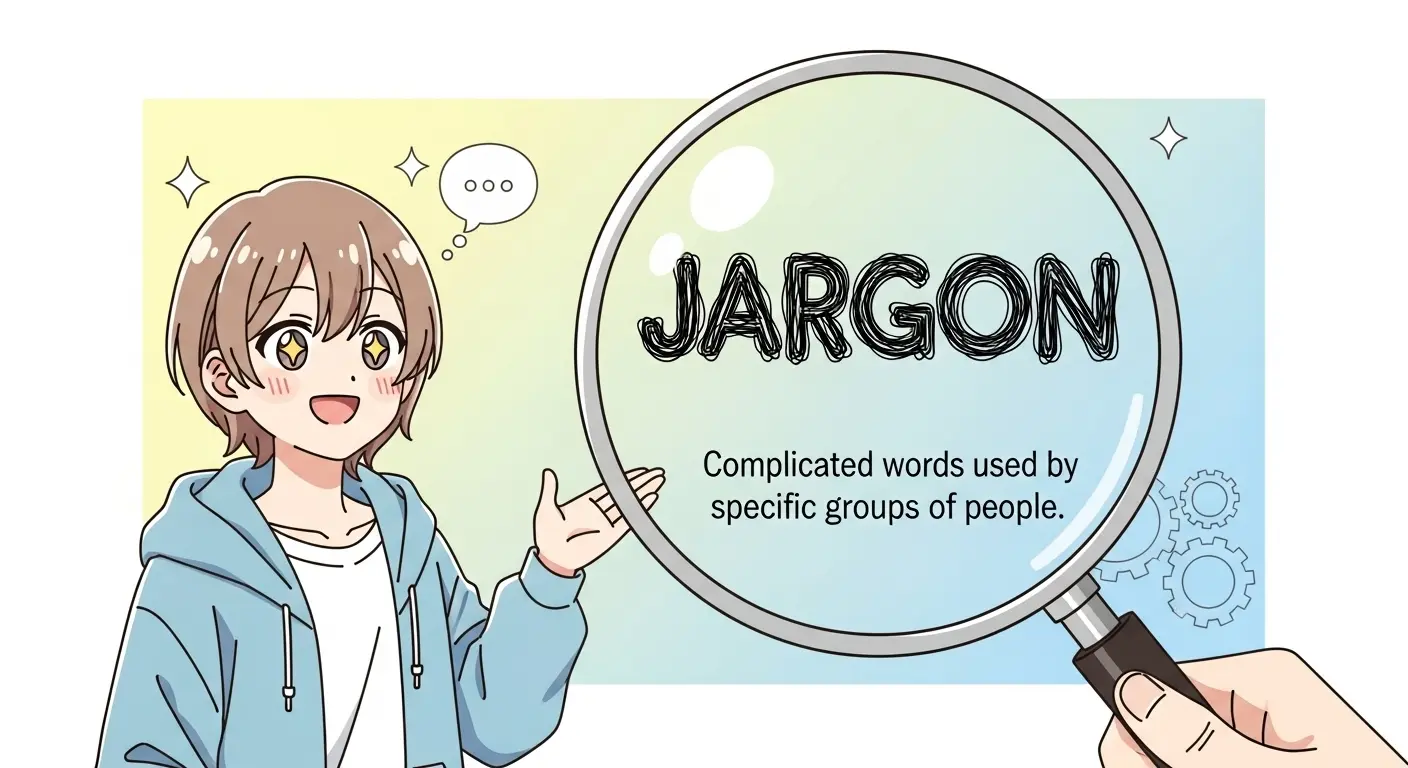 親しみやすいキャラクターが専門用語を簡単な言葉に解説している図。