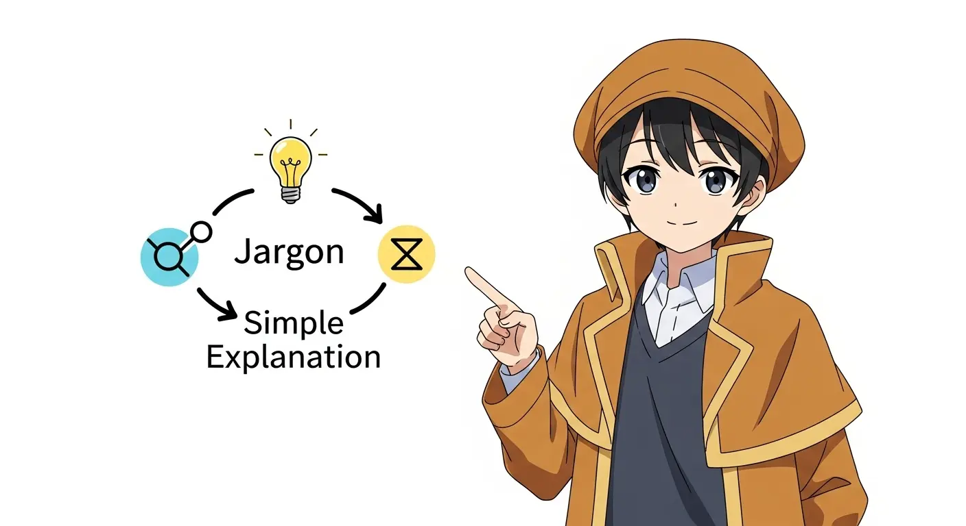 親しみやすいキャラクターが専門用語を簡単な言葉に解説している図。