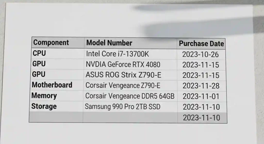 自作PCの構成パーツ一覧