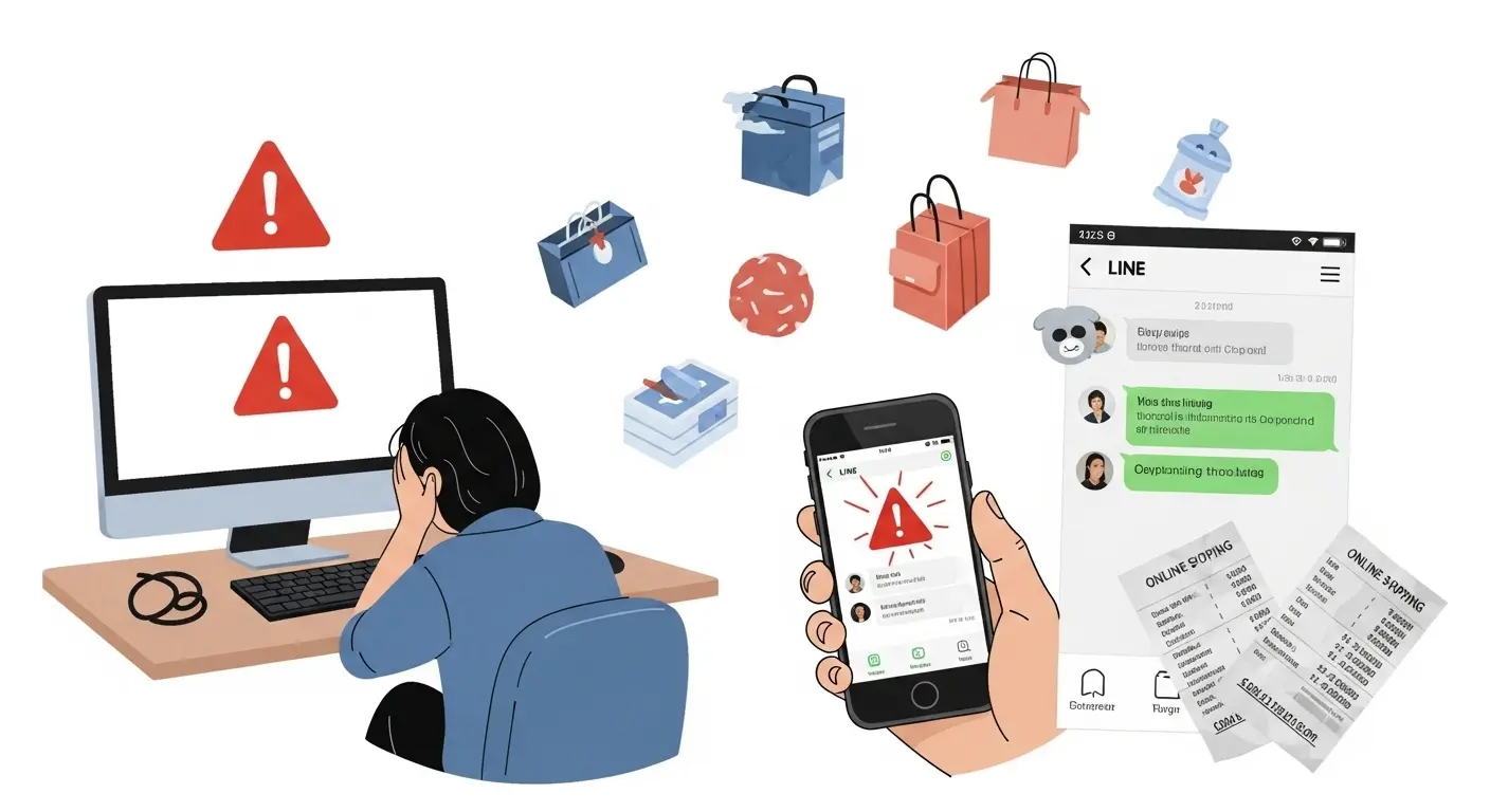 LINEで詐欺に遭い、困惑している人物。