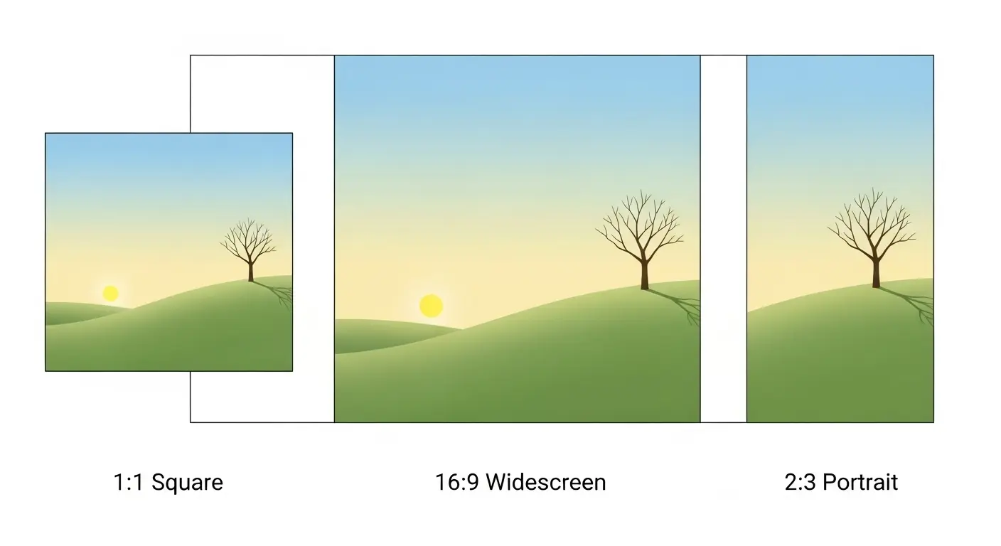 アスペクト 比（1:1、16:9、2:3）の違いを示した同じ風景画像の比較 グリッド図。