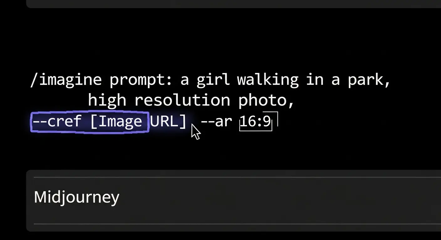 Midjourneyの/imagineコマンドに--crefパラメータを追加した入力画面の例