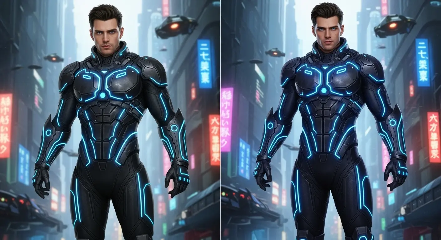 --cw 100を使って、顔と未来的な服装の両方を強く保持したキャラクター画像