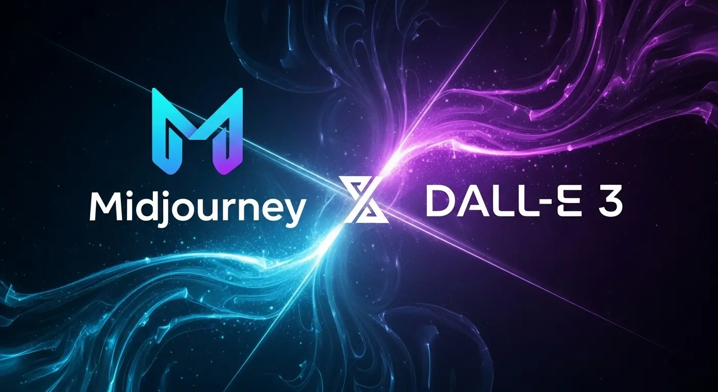 MidjourneyとDALL-E 3のロゴをモチーフとした芸術的な画像。2大ツールの競争を示唆。