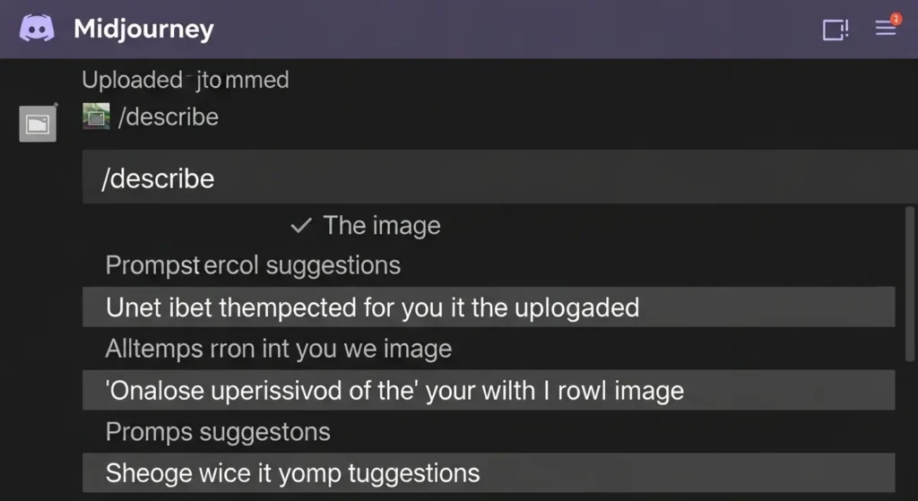 MidjourneyのDiscordで**/describeコマンドを実行し、アップロード 画像から4つのプロンプトが生成されている画面のスクリーンショット。