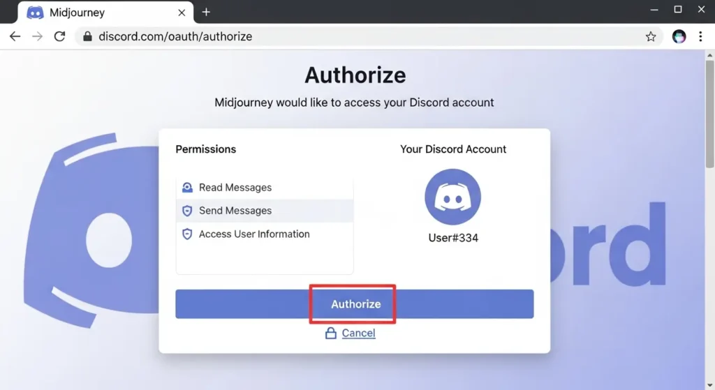 MidjourneyとDiscordのアカウント 連携を**「** Authorize（認証）」する許可 画面のスクリーン ショット。