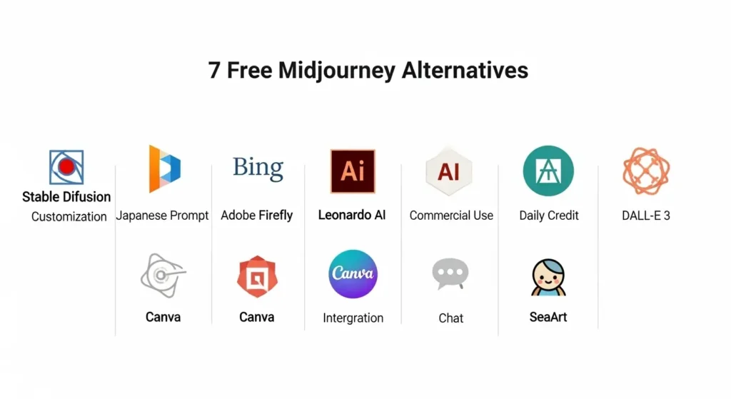 Midjourneyの代替となる無料画像生成AIサービス7選の比較表
