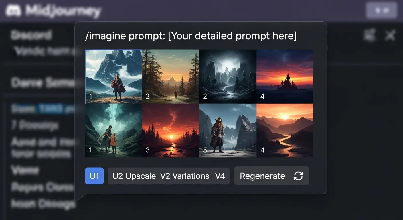 DiscordでのMidjourneyのプロンプト入力と、U/Vボタンを使ったアップスケール・バリエーション生成の画面