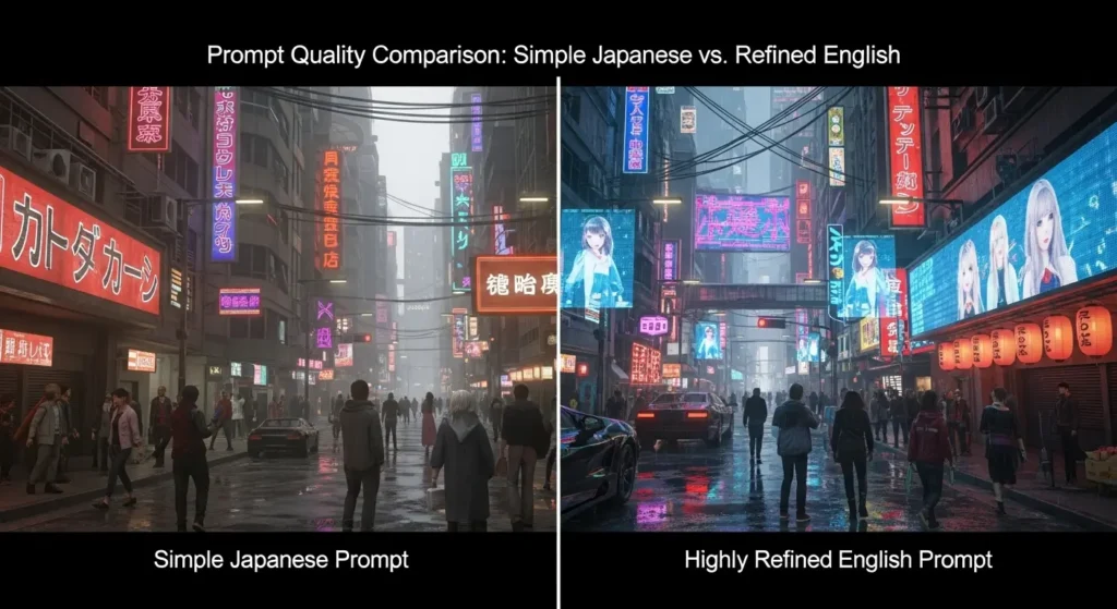 単純な日本語プロンプトと詳細な英語プロンプトで生成した画像のクオリティの差を示した比較図。